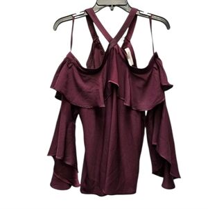 Loft Burgundy Off-Shoulder Bell Sleeve X Neck Blouse Size S